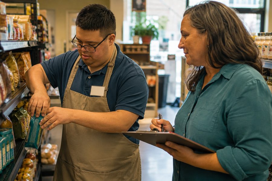 A participant in a work apron stocks grocery shelves while a job coach reviews a checklist